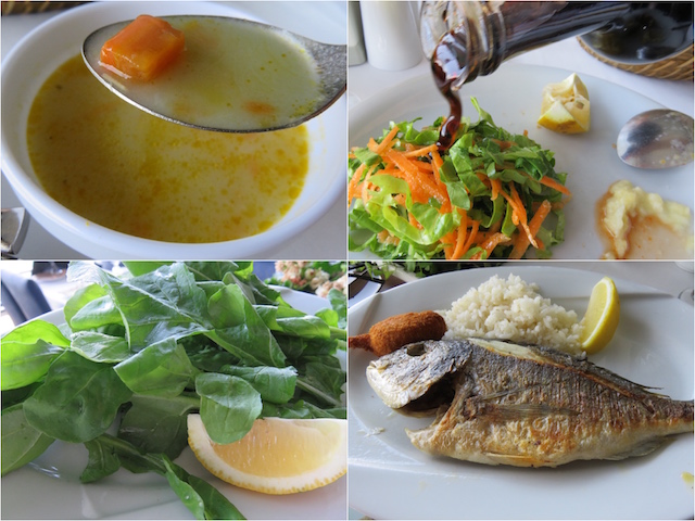 絶品の魚介スープと、メインは魚のソテー（姿焼き）とカニ爪のフライ。生野菜もたっぷりで、ヘルシー。